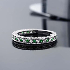 Gem Stone King 925 Sterling Silver Green Simulated Emerald and White Created Sapphire Anniversary Wedding Band Ring For Women (0.48 Cttw, Available 5,6,7,8,9) (Size 7)