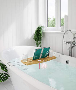 Umbra Aquala Bathtub Tray Extendable, Bamboo Luxury Bath Caddy, 71.1 x 21.6 x 3.8 cm, Natural