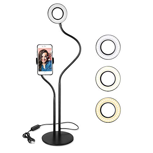 Selfie Ring Light with Cell Phone Holder Stand for Live Stream/Makeup, UBeesize Mini LED Camera Lighting with Flexible Arms Compatible with iPhone/Android