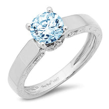 Load image into Gallery viewer, 1.64ct Brilliant Round Cut Solitaire Aquamarine Blue Ideal VVS1 Simulated Diamond CZ Engagement Promise Statement Anniversary Bridal Wedding with accent Ring 14k White Gold Size 9
