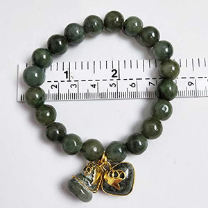 10 mm Natural Green Jade Round Real Bracelets Bangle for Women Charms with Pendant Love Heart and Lucky Gourd Powerful Thai Pendant Prosperity Success in Life Trade Flourish