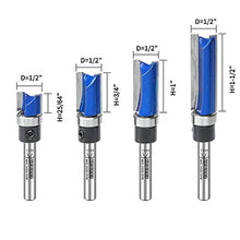 Load image into Gallery viewer, KOWOOD Plus Pattern Flush Trim Router Bit Set, 1/4 Inch Shank, Top Bearing Flush Trim Bit Kit. Cutting Height in 25/64”, 3/4”, 1”, 1-1/2”. With updated Kowood C3 Carbide. Great for trim shelf edging, veneer or laminates
