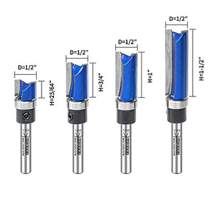 KOWOOD Plus Pattern Flush Trim Router Bit Set, 1/4 Inch Shank, Top Bearing Flush Trim Bit Kit. Cutting Height in 25/64”, 3/4”, 1”, 1-1/2”. With updated Kowood C3 Carbide. Great for trim shelf edging, veneer or laminates