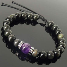 Load image into Gallery viewer, Rainbow Black Obsidian Amethyst Crystal Bracelet for Men's and Women's Protection Braided Bracelet with 925 Sterling Silver Art Deco Spacers Mixed Gemstone Handmade Adjustable Jewelry
