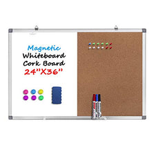 Load image into Gallery viewer, Magnetic Whiteboard and Cork Board Combination Board, Dry Erase Board Bulletin Combo Board for Home Office, Wall Mounted Message Memo Board with Markers, Eraser, Magnets, Push Pin, 36 x 24 Inches
