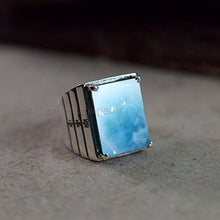 Load image into Gallery viewer, Thanksgiving gift for jewelry, cabochon larimar ring, genuine pectolite larimar ring, solid 925 sterling silver ring, signet heavy silver ring, designer statement ring, men&#39;s gemstone ring
