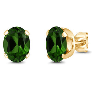 Gem Stone King 2.40 Ct 8x6mm Green Chrome Diopside 18K Yellow Gold Plated Silver Stud Earrings