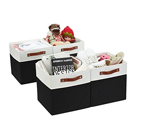 DECOMOMO Foldable Storage Bin [4-Pack] Collapsible Sturdy Cationic Fabric Storage Basket Cube W/Handles for Organizing Shelf Nursery (Black & White, 12 x 12 x 12 x 12)