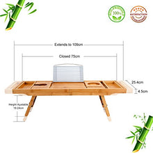 Load image into Gallery viewer, Hossejoy Bathtub Caddy Tray&amp; Laptop Desk with Foldable Legs, 2 in 1 Wisdom Design – Luxurious Bathtub Caddy with Extending Sides, Tablet Holder, Reading Rack,Cellphone Tray and Wine Glass Holder
