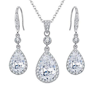 EleQueen 925 Sterling Silver Full Cubic Zirconia Teardrop Bridal Pendant Necklace Hook Dangle Earrings Sets