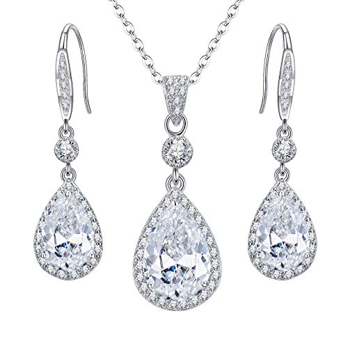 EleQueen 925 Sterling Silver Full Cubic Zirconia Teardrop Bridal Pendant Necklace Hook Dangle Earrings Sets