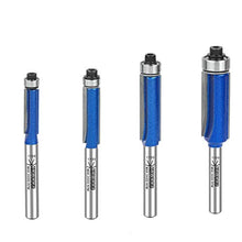 Load image into Gallery viewer, KOWOOD Plus Straight Flush Trim Router Bit Set, 1/4 Inch Shank, Top Bearing Flush Trim Bit Kit. Cutting Height in 1/4”, 5/16”, 3/8”, 1/2”. With updated Kowood C3 Carbide. Great for trim shelf edging, veneer or laminates. Ideal for work with a template to
