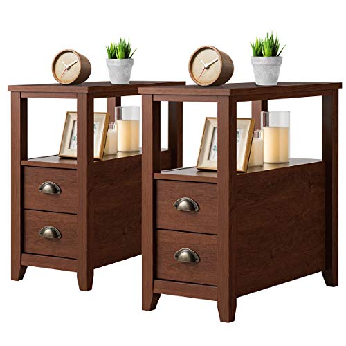Giantex End Table W/ 2 Drawers and Shelf Space-Saving Rectangular Bedside Table with Metal Handle, Retro Side Table for Living Room Bedroom Home Furniture Side Table (2, Brown)