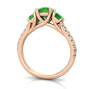 14K Rose Gold Emerald and Diamond Round Pavé Trellis Ring - Size 6