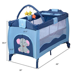 BABY JOY Portable Baby Playard, 3 in 1 Foldable Reversible Napper and Changer, Portable Playard Travel Bassinet Bed with Hanging Toys, 2 Lockable Wheels Diaper Changing Table (Blue)