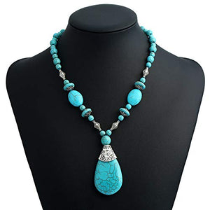 Boho Turquoise Long Beaded Necklace For Women Vintage Ethnic Alloy Pendant Jewelry (Turquoise Long Necklace)