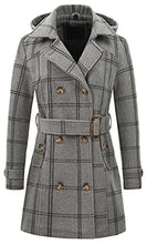 Load image into Gallery viewer, Chrisuno Women's Notch Lapel Double Breasted Mid-Long Wool Pea Coat Grey Plaid S

