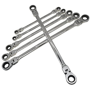 Metric 12 Sizes Extra Long Gear Ratcheting Wrench Set, 8mm-19mm, Made of Chrome Vanadium Steel, Rotatable head