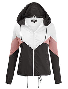 FASHION BOOMY Women's Color Block Windbreaker Jacket - Hooded Pullover - Zip Up Outwear Medium Black/Pink