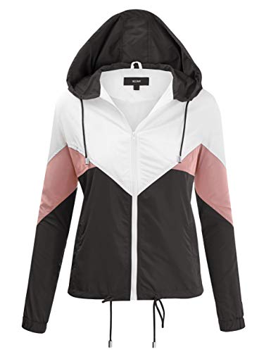 FASHION BOOMY Women's Color Block Windbreaker Jacket - Hooded Pullover - Zip Up Outwear Medium Black/Pink