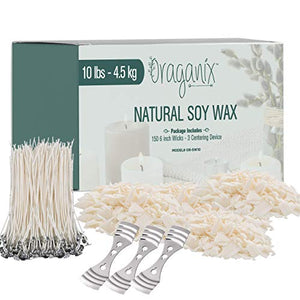 Oraganix Natural Soy Wax for DIY Candle Making Supplies-10lb Bag with 150ct 6'' Pre-Waxed Candle Wicks