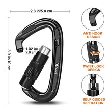 Load image into Gallery viewer, Favofit UIAA Certified Climbing Carabiners (Certificate No.: USA 20-5611), 3 Pack, 25KN (5620 lbs) Heavy Duty Large Locking Carabiner Clips for Rock/Ice Climbing Rappelling Rescue Swing etc, Black
