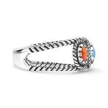 Load image into Gallery viewer, American West Sterling Silver Orange Spiny Oyster, Turquoise and Green Variscite Gemstone 3-Stone Band Ring Size 6
