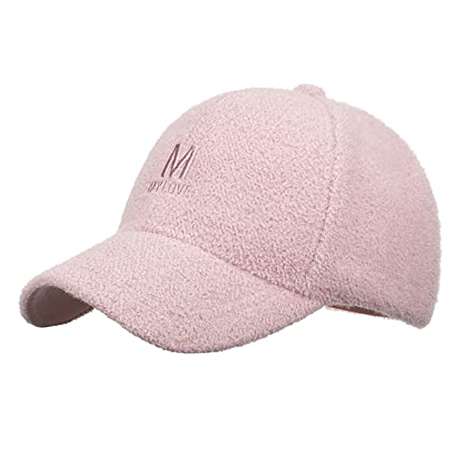 BCDlily Women Fuzzy Fall Winter Baseball Caps Outdoor Casual Warm Letter Embroidery Visor Baseball Hat (Pink)