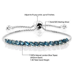 Gem Stone King 925 Sterling Silver London Blue Topaz Women's Tennis Bracelet (1.50 Total Carat Weight, Gemstone Birthstone, Fully Adjustable)