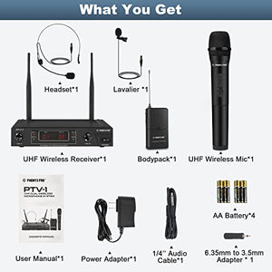 Wireless Microphone System, Phenyx Pro VHF Cordless Mic Set with 1 Handheld+1 Headset+1 Lapel+1 Bodypack, Stable Signal, Long Range, Best for Presentation, Interview, Church, Wedding,Events (PTV-1B)