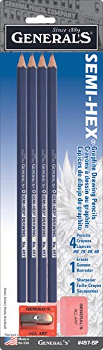 General Pencil 497BP Semi-Hex Graphite Drawing Pencils 4/Pkg-HB, 2B, 4B, & 6B, HB 2B 4B & 6B