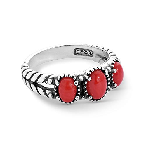 American West Sterling Silver Red Coral Gemstone 3-Stone Ring Size 9