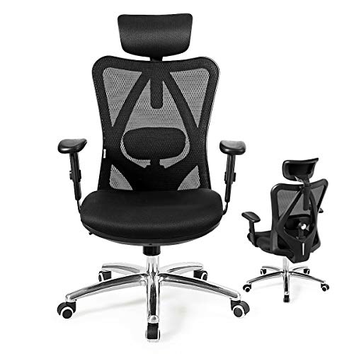 Giantex Ergonomic Office Chair, Mesh Office Chair with Adjustable Headrest, Tilt-Down Backrest Mesh Adjustable High Back Office Chair, Breathable Computer Desk Chair, Mesh Back Office Chair