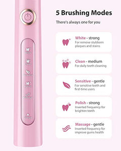 Electric Toothbrush Clean as Dentists, Rechargeable Sonic Toothbrushes Built-in Smart Timer and 5 Deep Cleaning Modes, with 3 Replacement Brush Heads, Waterproof, Pink
