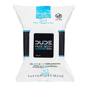 DUDE Face & Body Wipes (3 Packs, 30 Wipes Each) Unscented for Sensitive Skin Infused with Refreshing Sea Salt & Soothing Aloe, Moisturizing Face Cleansing Cloths for Men