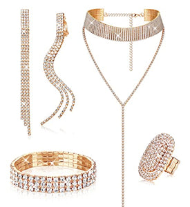 THUNARAZ Rhinestone Jewelry for Women Crystal Choker Necklace Glitter Fringe Dangle Earrings Bling Stretch Bracelet Oval Ring Wedding Bridal Costume Jewelry Set