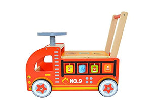 Pidoko Kids Ride On Fire Truck - Wooden Push and Pull Walker Cart - Balance Wagon Toy for Toddlers Boys & Girls age 18 Months and up