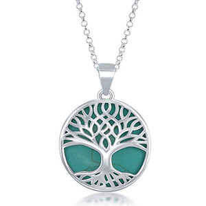 Beaux Bijoux Sterling Silver Natural Turquoise Stone Tree of Life Circle Pendant Necklace for Women with 18" Sterling Silver Thick Chain