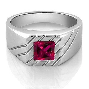 Gem Stone King 1.71 Ct Princess Red Created Ruby 925 Sterling Silver Men's Ring (Size 8)