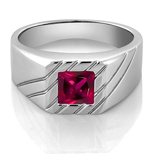 Gem Stone King 1.71 Ct Princess Red Created Ruby 925 Sterling Silver Men's Ring (Size 8)