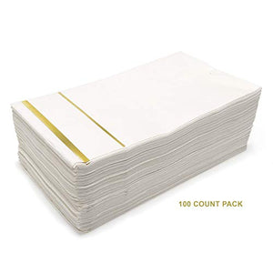 GLAM Dinner Napkins, Gold Trim, 100 Pack - 8x4 Inches Paper Napkins - Wedding Napkins, Disposable - Party Napkins, White and Gold