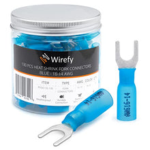 Load image into Gallery viewer, Wirefy 130 PCS Heat Shrink Fork Connectors #10 - Marine Grade Fork Terminals - Spade Fork Wire Connectors - Blue 16-14 Gauge
