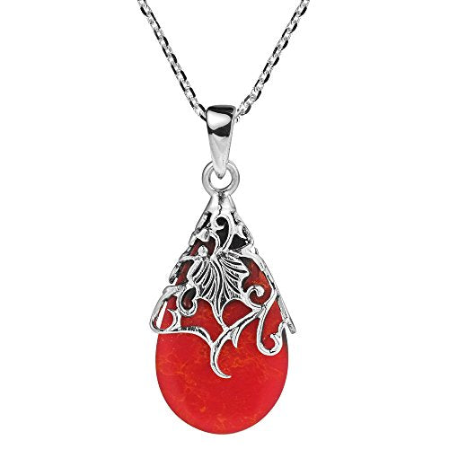 Reconstructed Red Coral Vintage Floral Vine Adorned Teardrop .925 Sterling Silver Pendant Necklace