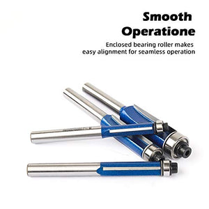 KOWOOD Plus Straight Flush Trim Router Bit Set, 1/4 Inch Shank, Top Bearing Flush Trim Bit Kit. Cutting Height in 1/4”, 5/16”, 3/8”, 1/2”. With updated Kowood C3 Carbide. Great for trim shelf edging, veneer or laminates. Ideal for work with a template to