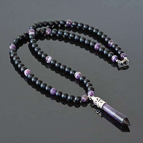 Amethyst & Onyx February Birthstone Handmade Beaded Crystal Jewelry New Age Long Men's Necklace