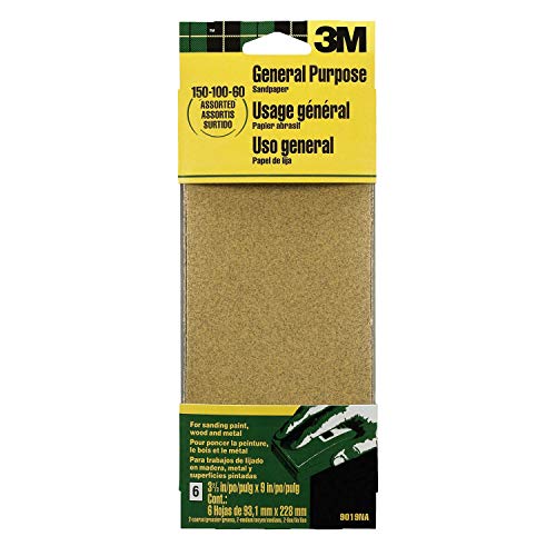 3M General Purpose Sandpaper Sheets, 3-2/3-in by 9-in, 60-100-150 Assorted Grits, 6-Sheets