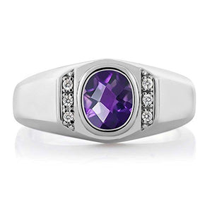 Gem Stone King 1.06 Ct Oval Checkerboard Purple Amethyst White Created Sapphire 925 Sterling Silver Men's Ring (Size 9)