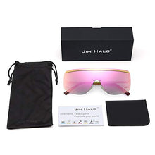 Load image into Gallery viewer, JIM HALO Oversized Shield Sunglasses Trendy Flat Top Rimless Sun Glasses for Women Men (Gold/Mirrored Pink)
