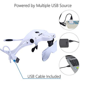 YOCTOSUN LED Head Magnifier, Rechargeable Hands Free Headband Magnifying Glass with 2 Led, Professional Jeweler's Loupe Light Bracket and Headband are Interchangeable