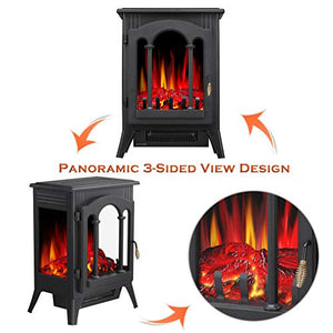 R.W.FLAME Infrared Electric Fireplace Stove, 16" Freestanding Fireplace Heater, Realistic Flame Effects, Adjustable Brightness and Heating Mode, Overheating Safe Design, 1000W/1500W, Black